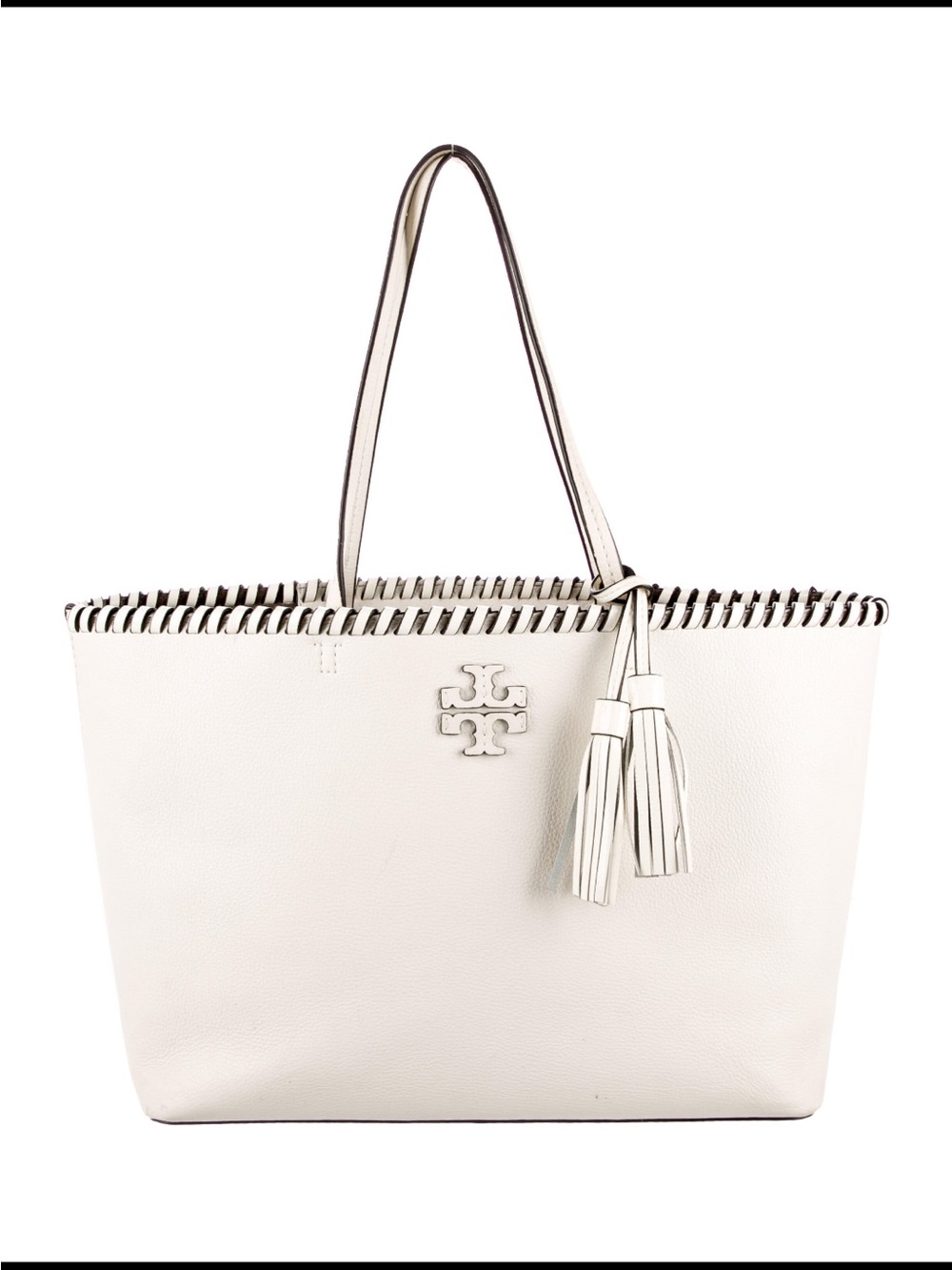 Tory Burch Cream Leather Tote with Whipstitch Trim and Tassel